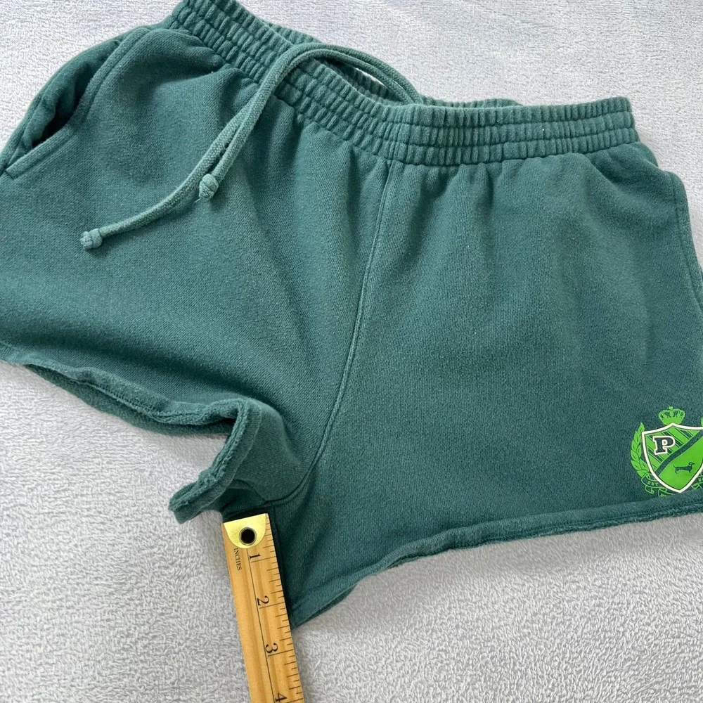 PINK Victoria's Secret Campus Fleece Shorts Medium Green Varsity Crest Raw Hem